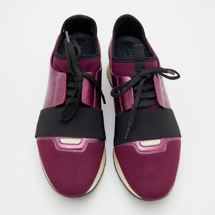 Pre Owned Balenciaga Purple/Black Neoprene And Leather Race Runner Sneakers Size 40