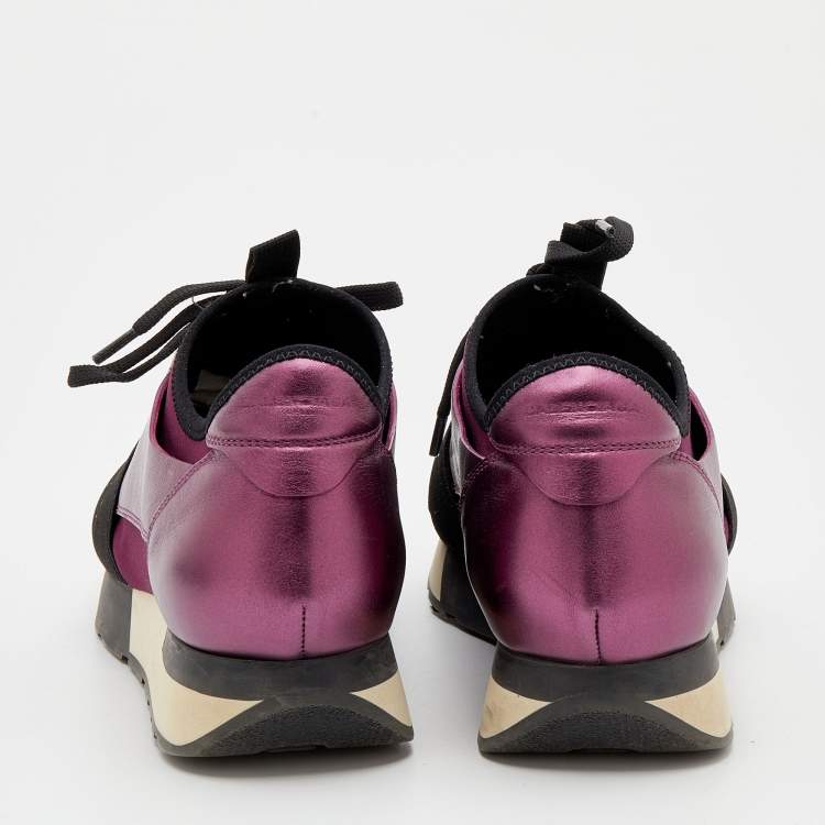 Pre Owned Balenciaga Purple/Black Neoprene And Leather Race Runner Sneakers Size 40