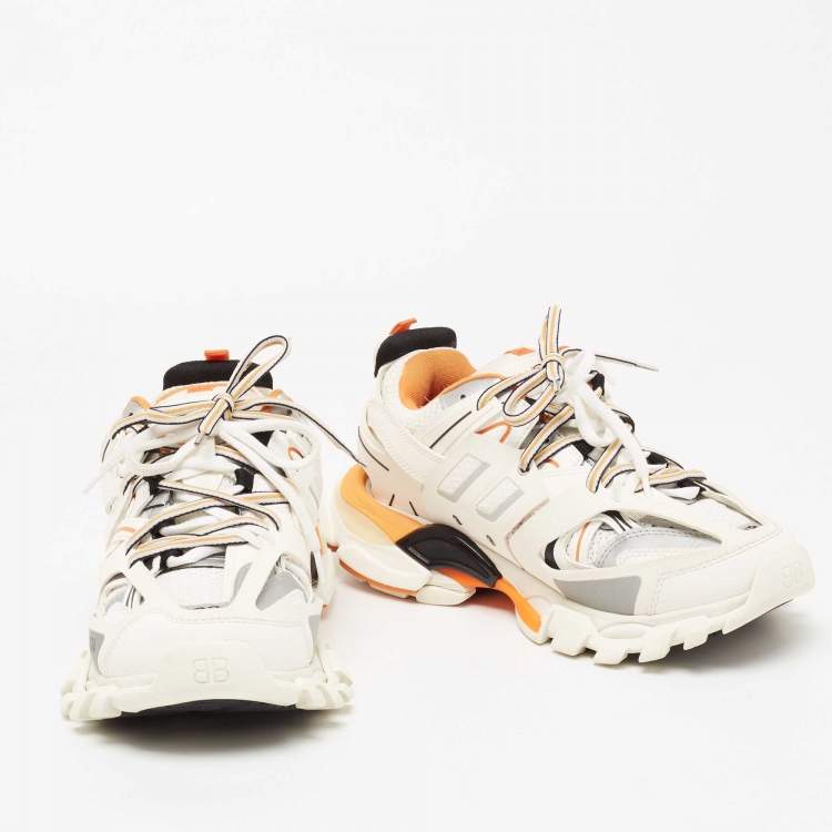 Pre Owned Balenciaga Off-White/Orange Mesh, Leather and Nylon Track Low-Top Sneakers Size 38