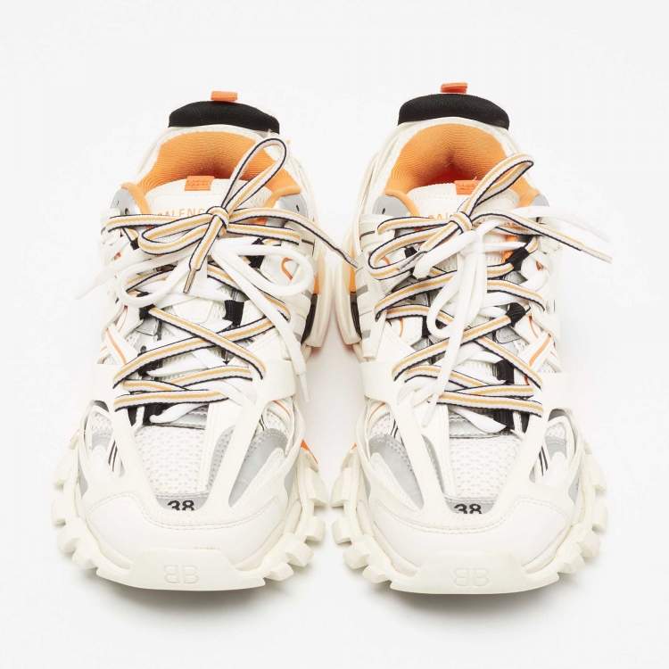 Pre Owned Balenciaga Off-White/Orange Mesh, Leather and Nylon Track Low-Top Sneakers Size 38