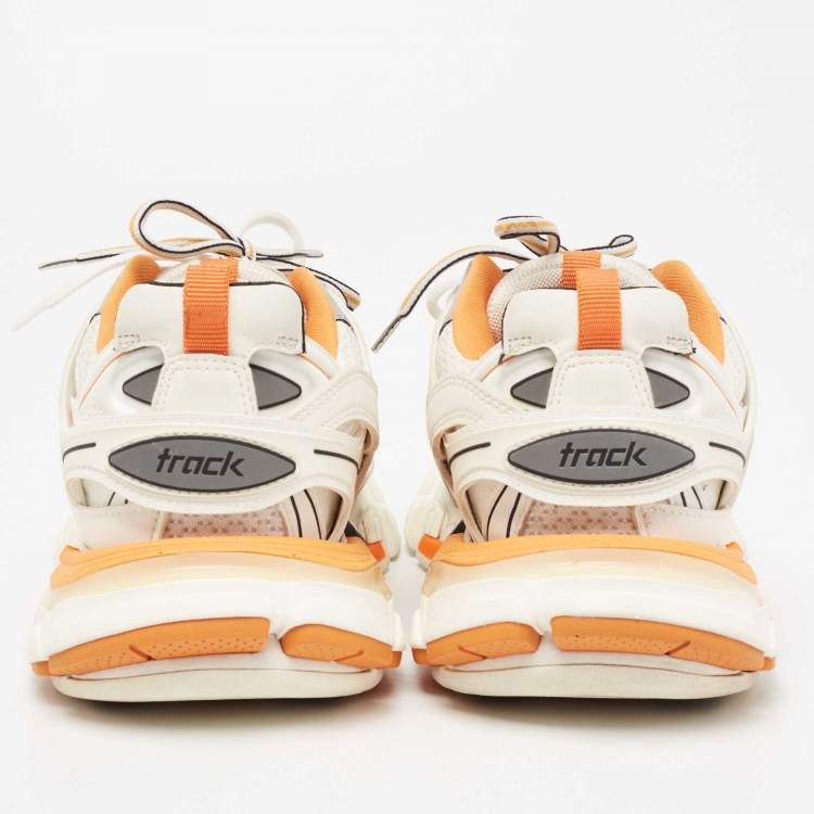 Pre Owned Balenciaga Off-White/Orange Mesh, Leather and Nylon Track Low-Top Sneakers Size 38