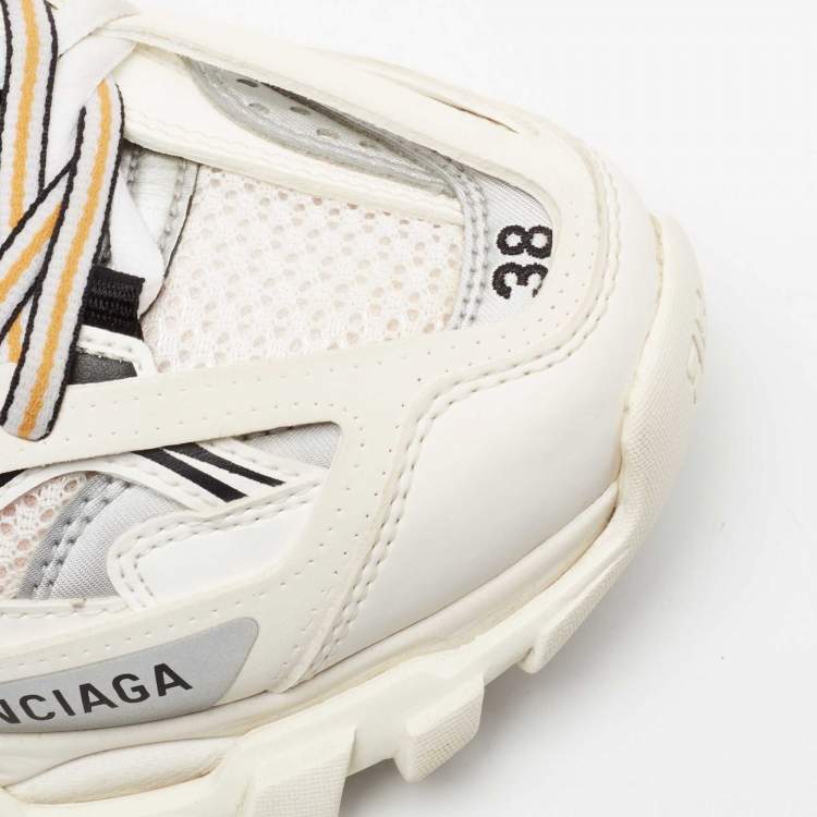 Pre Owned Balenciaga Off-White/Orange Mesh, Leather and Nylon Track Low-Top Sneakers Size 38