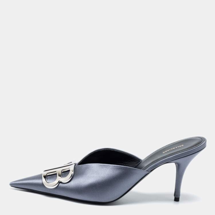 Pre Owned Balenciaga Grey Satin Knife Mule  Sandals Size 39