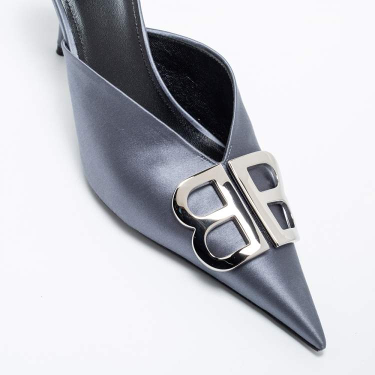 Pre Owned Balenciaga Grey Satin Knife Mule  Sandals Size 39