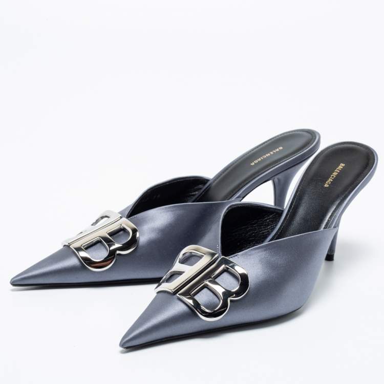 Pre Owned Balenciaga Grey Satin Knife Mule  Sandals Size 39