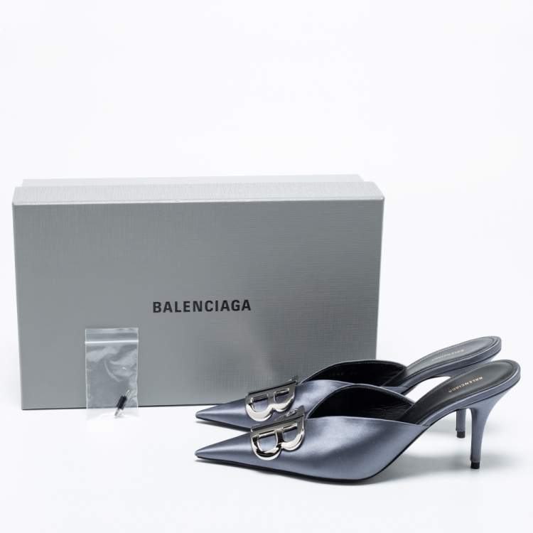 Pre Owned Balenciaga Grey Satin Knife Mule  Sandals Size 39