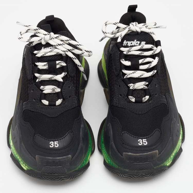 Pre Owned Balenciaga Black Leather And Mesh Triple S Clear Sole Low Top Sneakers Size 35