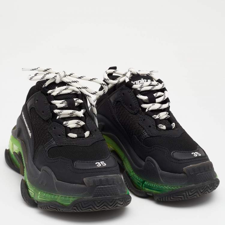 Pre Owned Balenciaga Black Leather And Mesh Triple S Clear Sole Low Top Sneakers Size 35