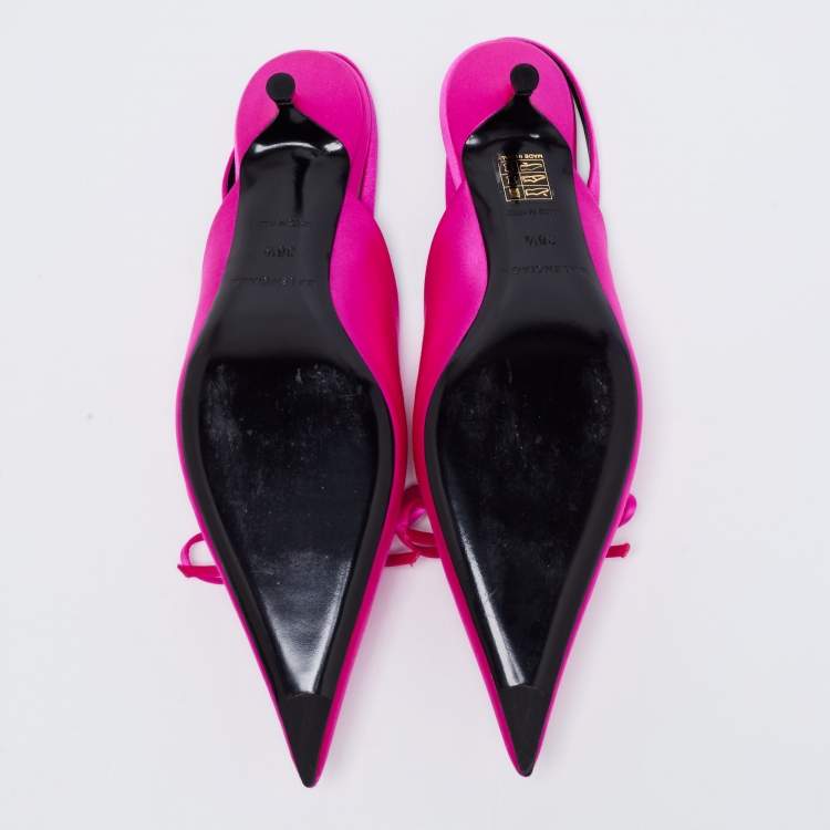 Pre Owned Balenciaga Fuchsia Satin Knife Slingback Pointed Toe Mules Size 36.5