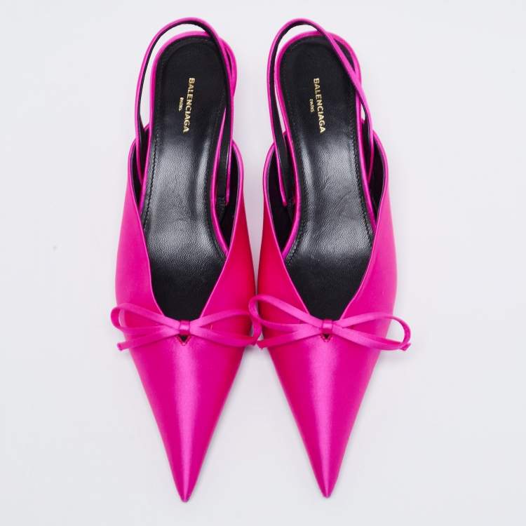 Pre Owned Balenciaga Fuchsia Satin Knife Slingback Pointed Toe Mules Size 36.5