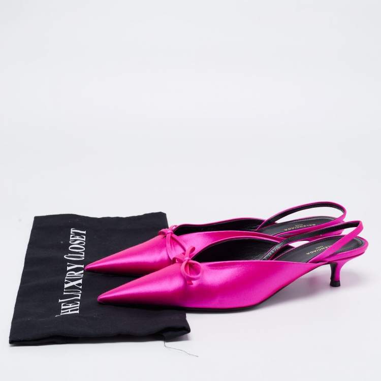 Pre Owned Balenciaga Fuchsia Satin Knife Slingback Pointed Toe Mules Size 36.5