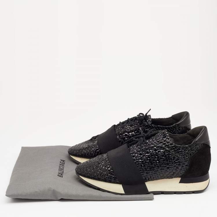 Pre Owned Balenciaga Black Woven Patent Leather and Suede Race Runner Sneakers Size 36