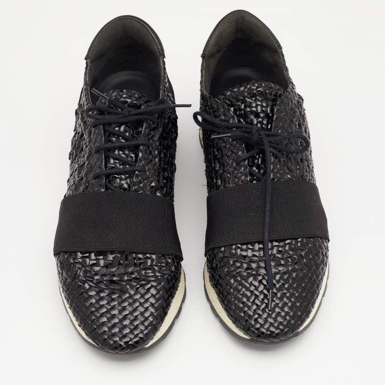 Pre Owned Balenciaga Black Woven Patent Leather and Suede Race Runner Sneakers Size 36