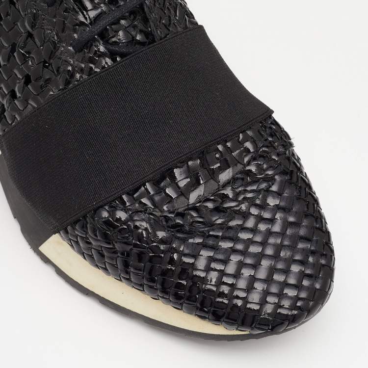 Pre Owned Balenciaga Black Woven Patent Leather and Suede Race Runner Sneakers Size 36