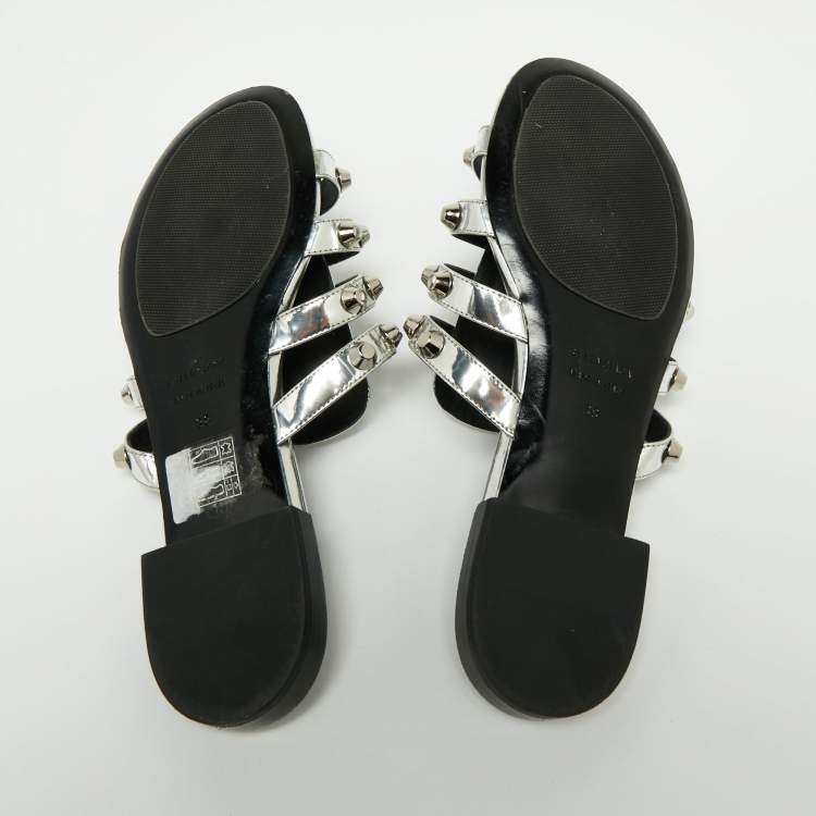 Pre Owned Balenciaga Silver Laminated Leather Arena Giant Slide Flat Sandals Size 38