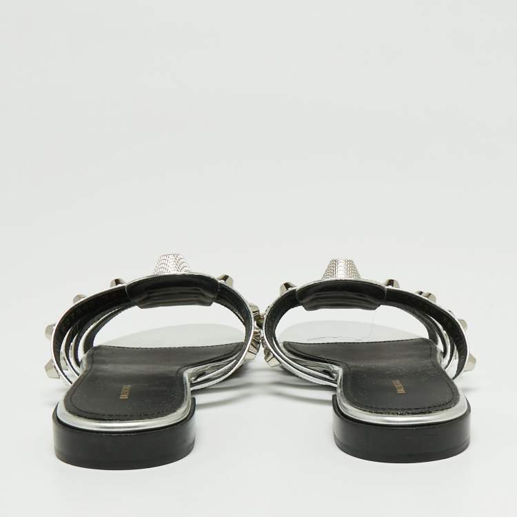Pre Owned Balenciaga Silver Laminated Leather Arena Giant Slide Flat Sandals Size 38