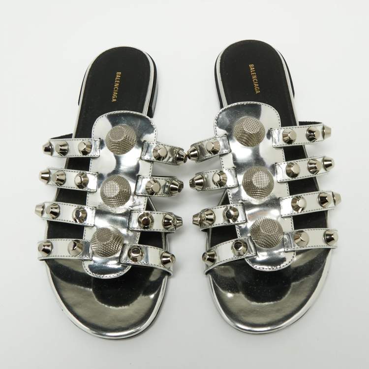 Pre Owned Balenciaga Silver Laminated Leather Arena Giant Slide Flat Sandals Size 38