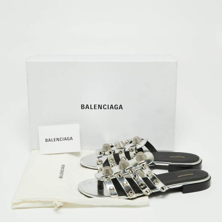 Pre Owned Balenciaga Silver Laminated Leather Arena Giant Slide Flat Sandals Size 38