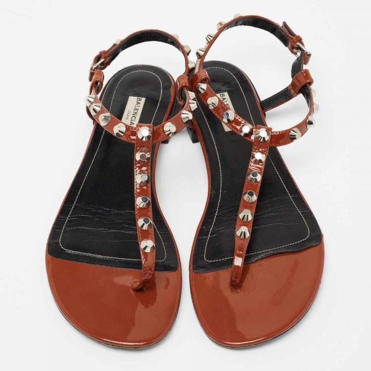 Pre Owned Balenciaga Brown Patent Leather Arena Studded Strappy Flat Thong Sandals Size 41