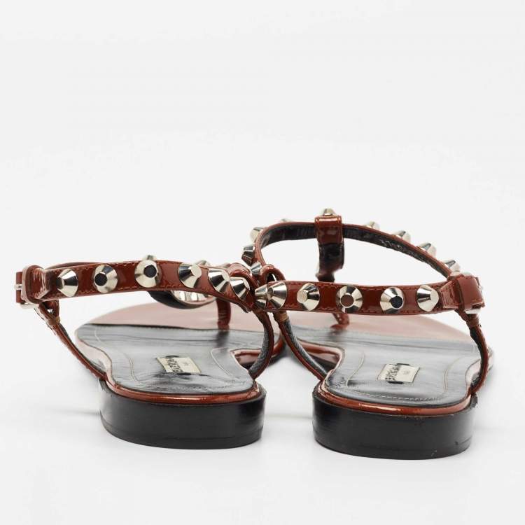 Pre Owned Balenciaga Brown Patent Leather Arena Studded Strappy Flat Thong Sandals Size 41