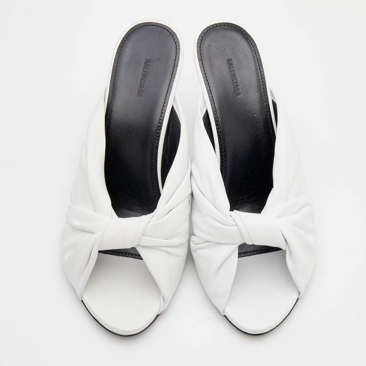 Pre Owned Balenciaga White Leather Drapy Knotted Slide Sandals Size 37.5