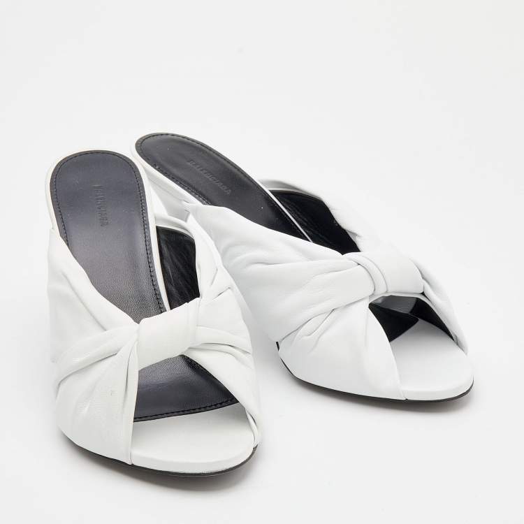 Pre Owned Balenciaga White Leather Drapy Knotted Slide Sandals Size 37.5