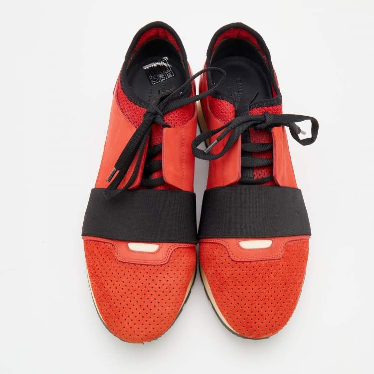 Pre Owned Balenciaga Red Suede And Leather Race Runner Sneakers Size 38