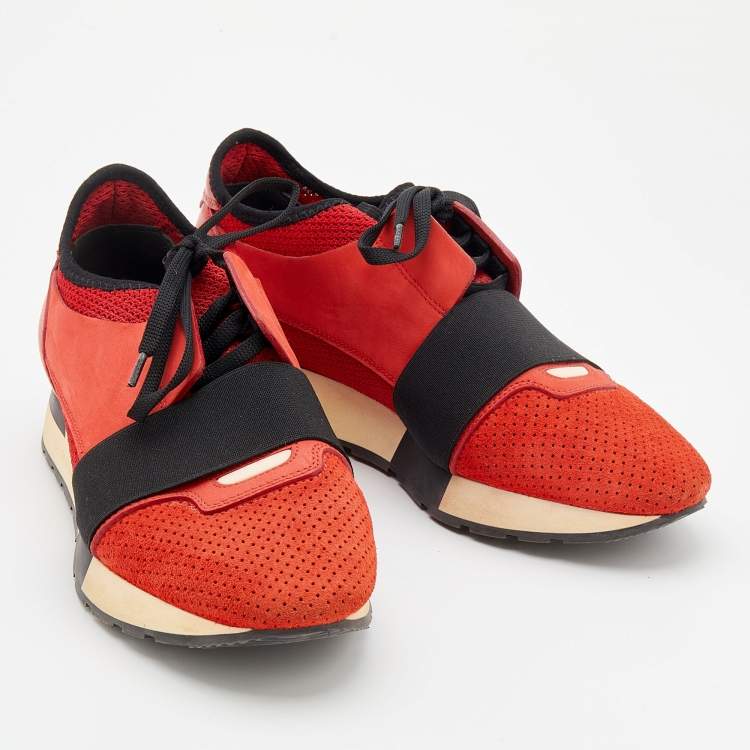 Pre Owned Balenciaga Red Suede And Leather Race Runner Sneakers Size 38