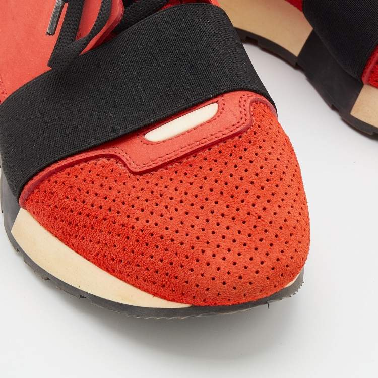 Pre Owned Balenciaga Red Suede And Leather Race Runner Sneakers Size 38