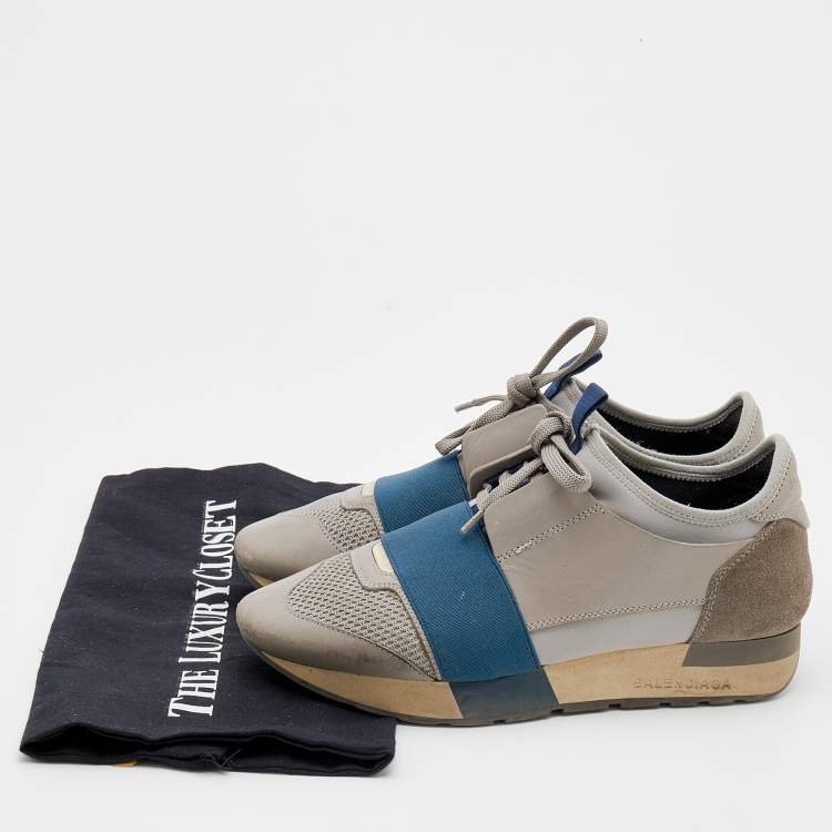 Pre Owned Balenciaga Grey/Blue Leather Race Runner Sneakers Size 36