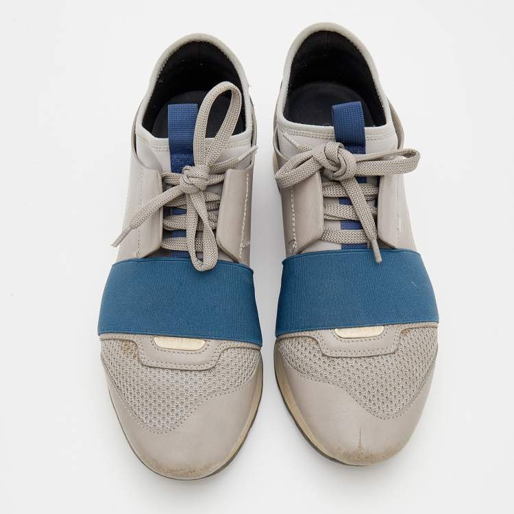 Pre Owned Balenciaga Grey/Blue Leather Race Runner Sneakers Size 36