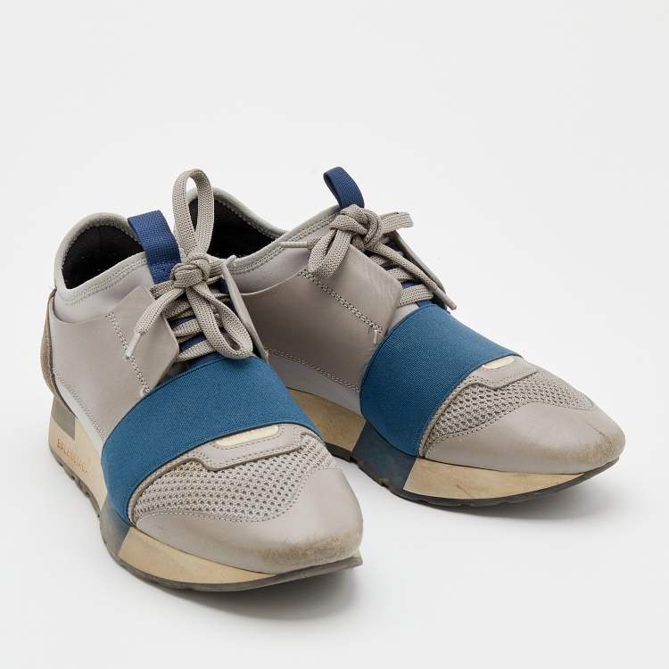 Pre Owned Balenciaga Grey/Blue Leather Race Runner Sneakers Size 36
