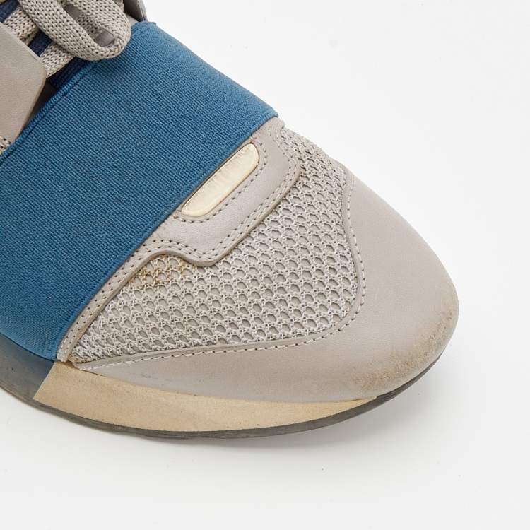 Pre Owned Balenciaga Grey/Blue Leather Race Runner Sneakers Size 36