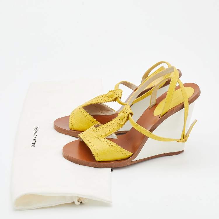 Pre Owned Balenciaga Yellow Leather Wedge Ankle Strap Sandals Size 40