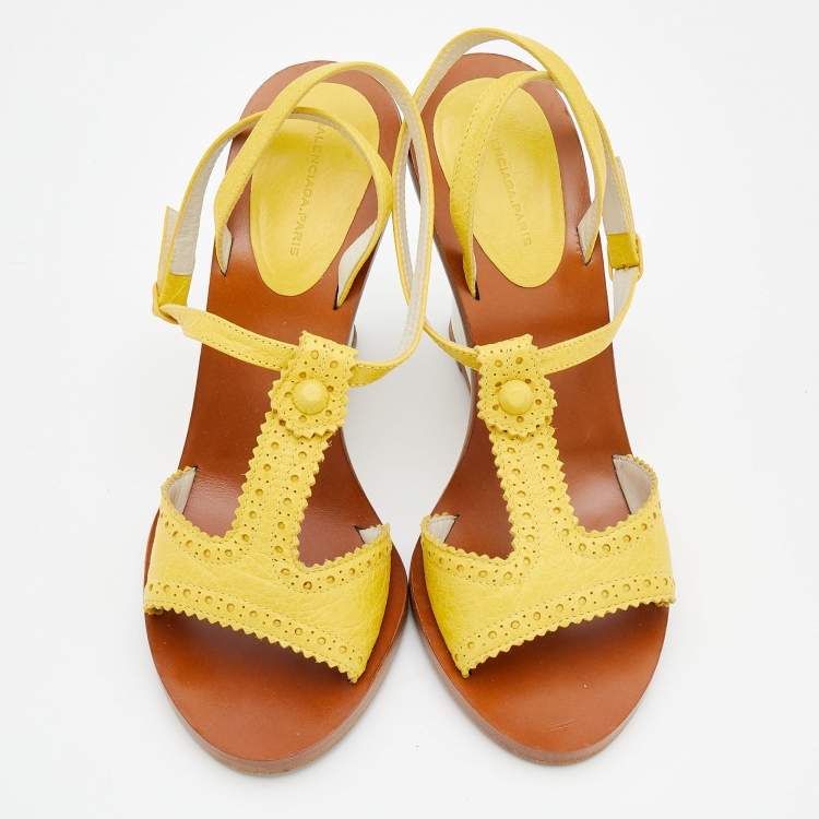 Pre Owned Balenciaga Yellow Leather Wedge Ankle Strap Sandals Size 40