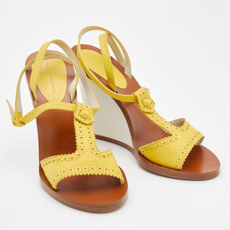 Pre Owned Balenciaga Yellow Leather Wedge Ankle Strap Sandals Size 40