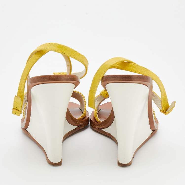 Pre Owned Balenciaga Yellow Leather Wedge Ankle Strap Sandals Size 40