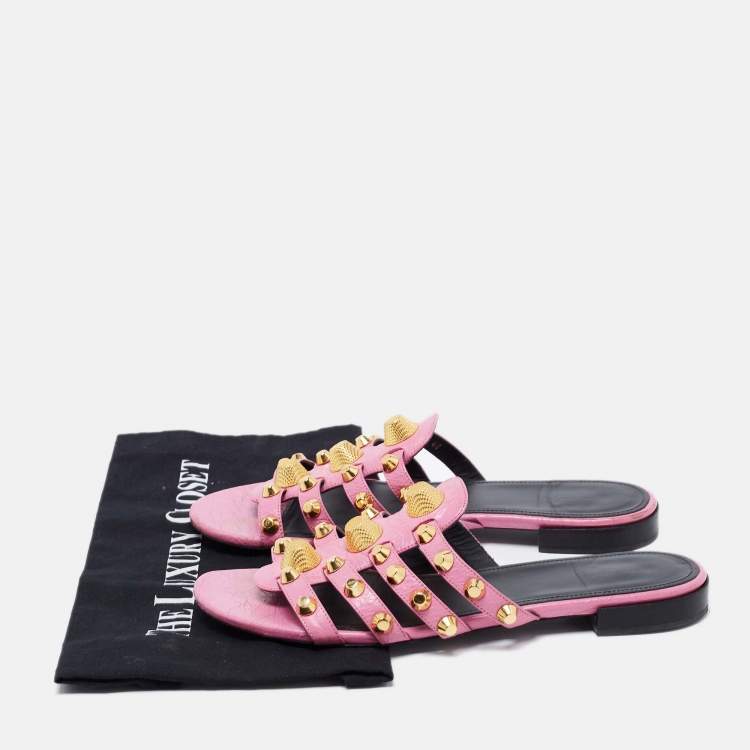 Pre Owned Balenciaga Pink Leather Studded Accents Flat Slides Size 40