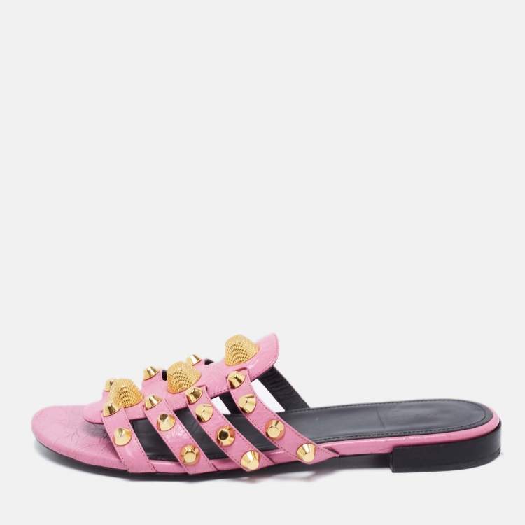Pre Owned Balenciaga Pink Leather Studded Accents Flat Slides Size 40