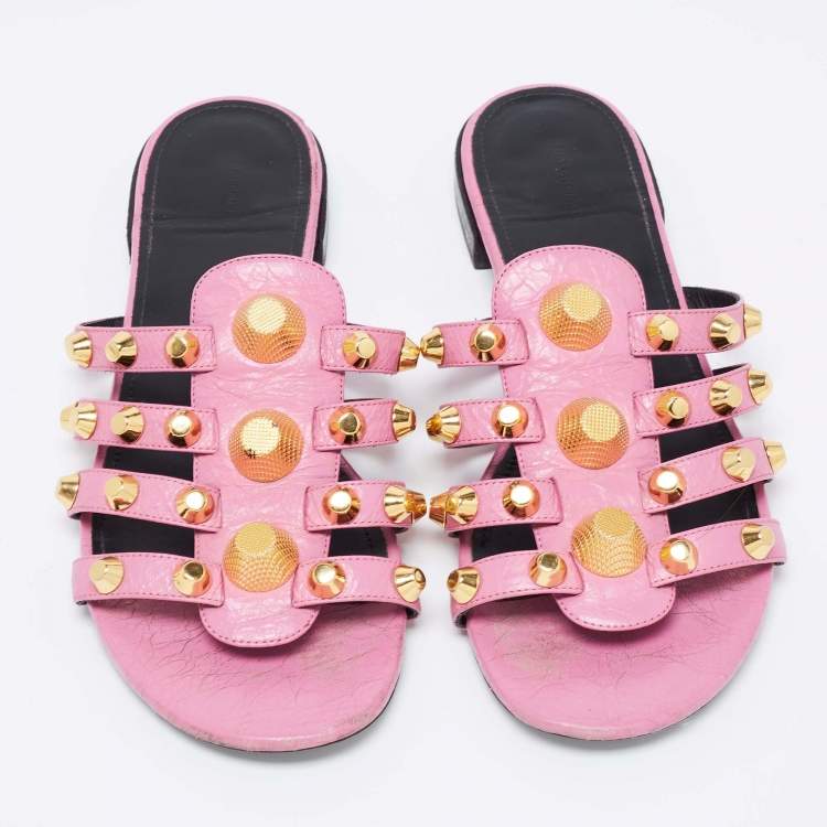 Pre Owned Balenciaga Pink Leather Studded Accents Flat Slides Size 40