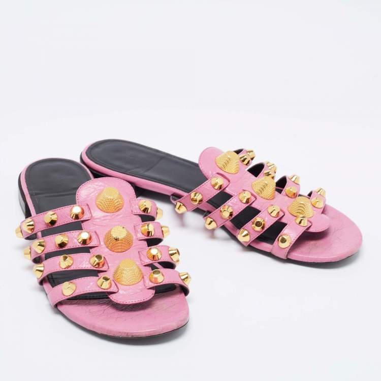 Pre Owned Balenciaga Pink Leather Studded Accents Flat Slides Size 40
