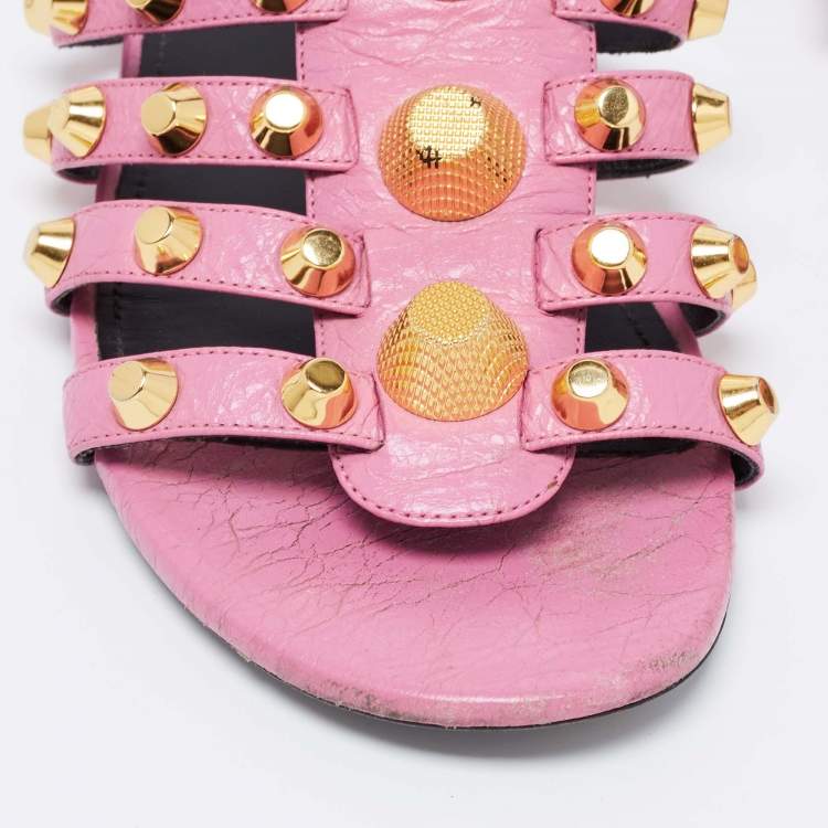 Pre Owned Balenciaga Pink Leather Studded Accents Flat Slides Size 40