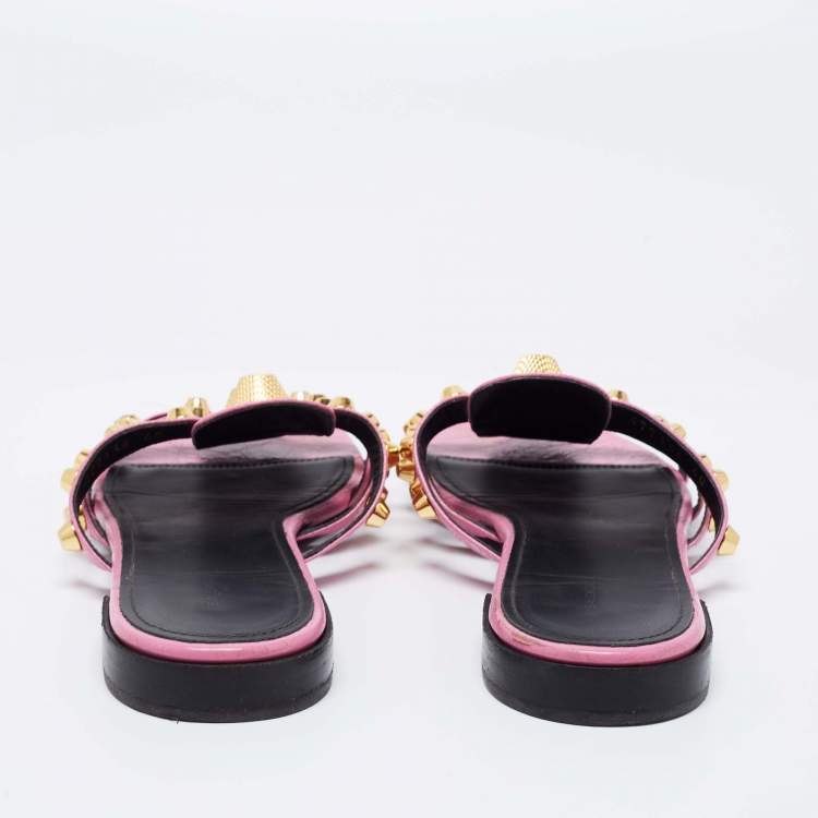 Pre Owned Balenciaga Pink Leather Studded Accents Flat Slides Size 40