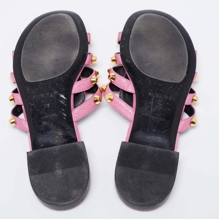 Pre Owned Balenciaga Pink Leather Studded Accents Flat Slides Size 40