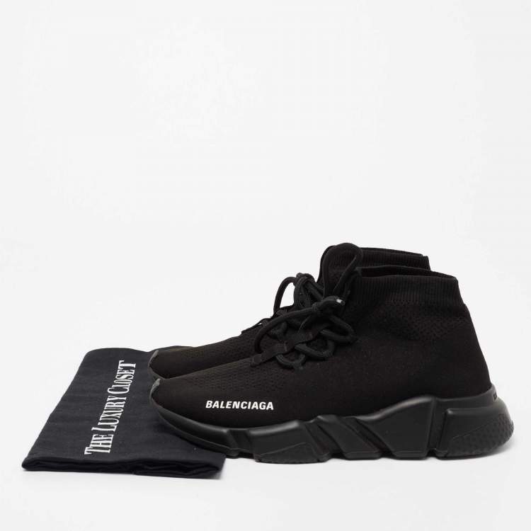 Pre Owned Balenciaga Black Knit Fabric Speed Trainer Lace Up Sneakers Size 38
