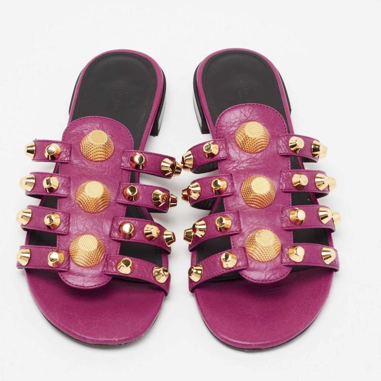 Pre Owned Balenciaga Magenta Leather Arena Flat Slides Size 39