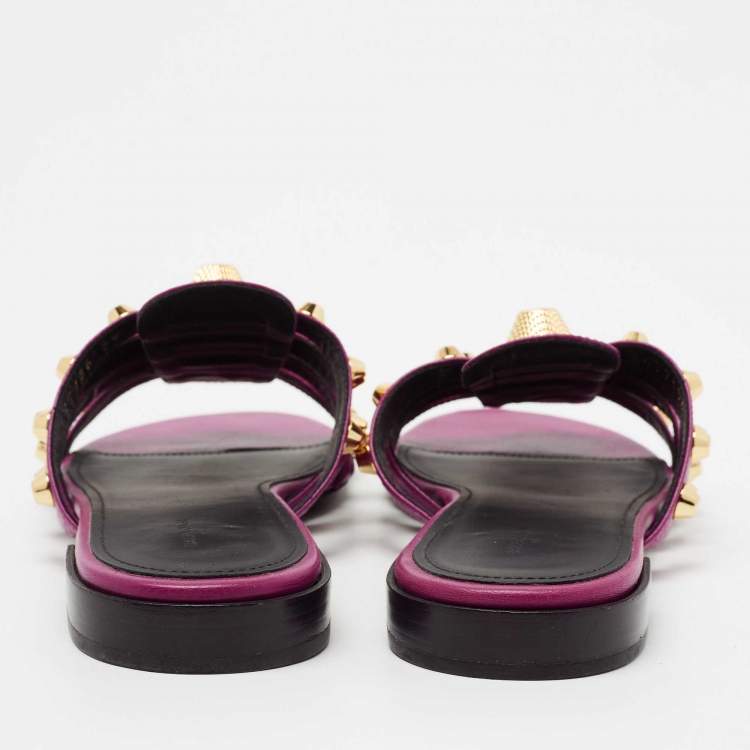 Pre Owned Balenciaga Magenta Leather Arena Flat Slides Size 39