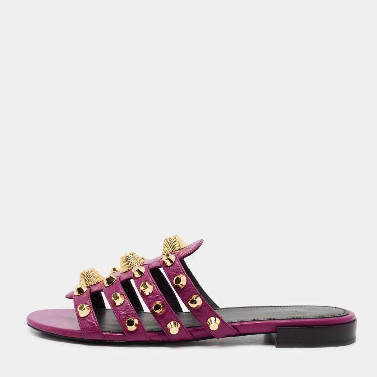 Pre Owned Balenciaga Magenta Leather Arena Flat Slides Size 39