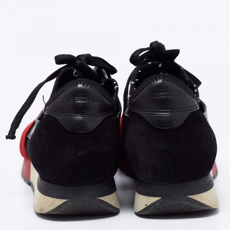 Pre Owned Balenciaga Black/Red Leather And Fabric Race Runner Low Top Sneakers Size 38
