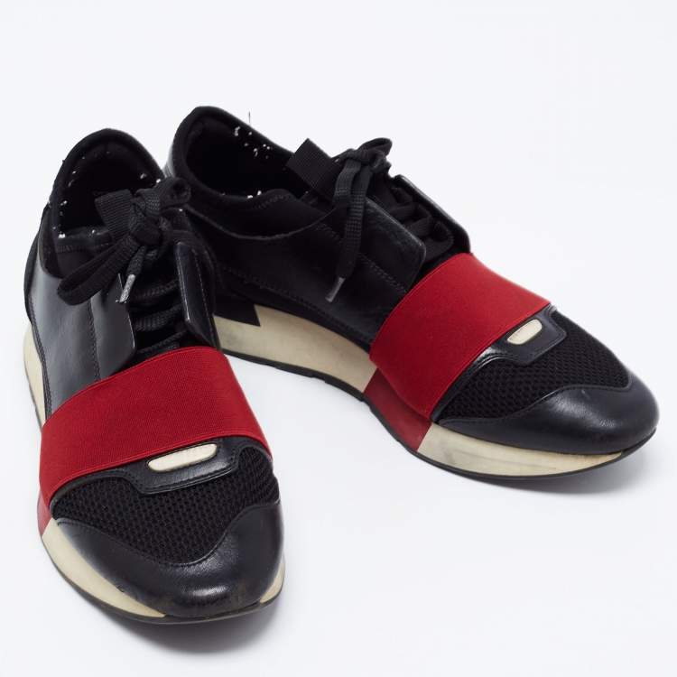 Pre Owned Balenciaga Black/Red Leather And Fabric Race Runner Low Top Sneakers Size 38
